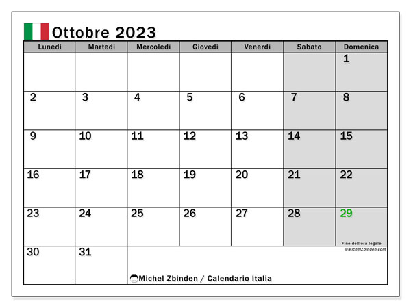 Calendário Outubro 2023 “Itália”. Mapa gratuito para impressão.. Segunda a domingo