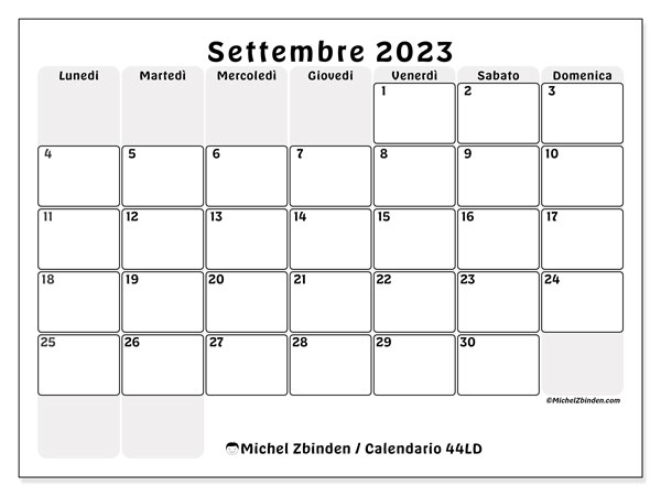 Calendario settembre 2023 da stampare. Calendario mensile “44LD” e orario stampabile gratuito