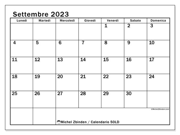 Calendario settembre 2023, 50LD. Programma da stampare gratuito.