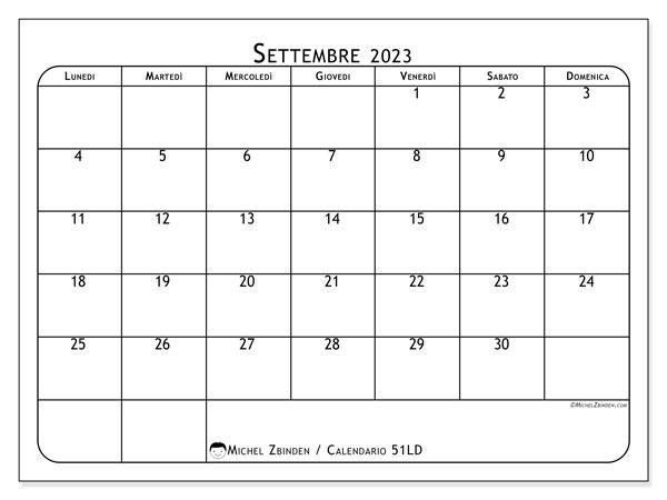 Calendario settembre 2023 da stampare. Calendario mensile “51LD” e orario da stampare gratis