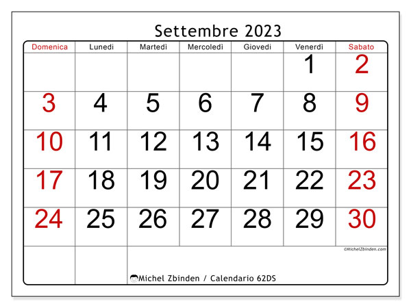 Calendario settembre 2023 da stampare. Calendario mensile “62DS” e orario stampabile gratuito