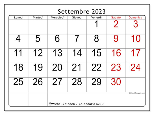 Calendario settembre 2023 da stampare. Calendario mensile “62LD” e orario stampabile gratuito