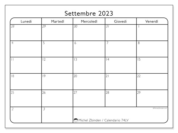 Calendario settembre 2023 da stampare. Calendario mensile “74LD” e orario per la stampa gratis