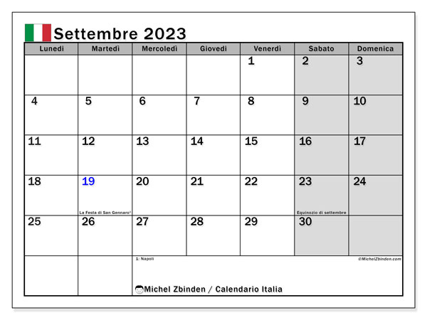 Calendario “Italia” da stampare, con i giorni festivi. Calendario mensile settembre 2023 e orario stampabile gratuito.