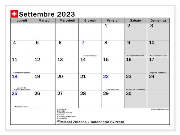 Calendário Setembro 2023 “Suíça (IT)”. Horário gratuito para impressão.. Segunda a domingo