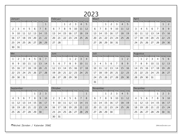 Jaarkalender 2023, 35MZ. Gratis afdrukbare kalender.