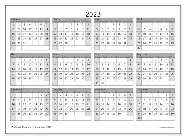 Jaarkalender 2023, 35ZZ. Gratis afdrukbare kalender.