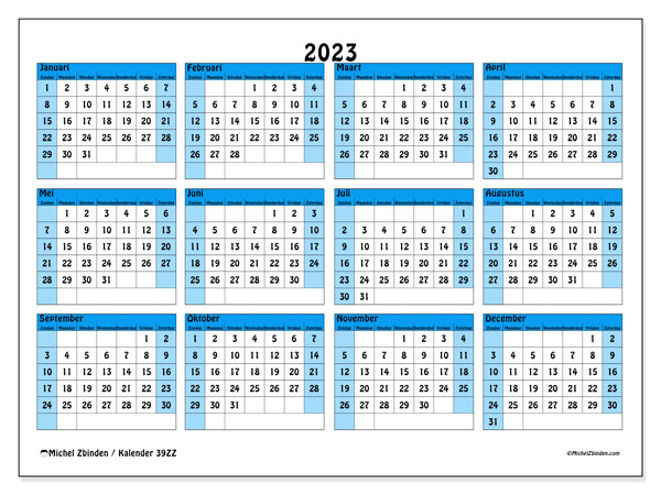 Jaarkalender 2023, 39ZZ. Gratis afdrukbare kalender.