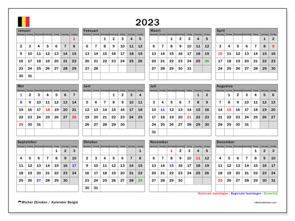 Kalender 2023, Belgien (NL). Gratis karta som kan skrivas ut.
