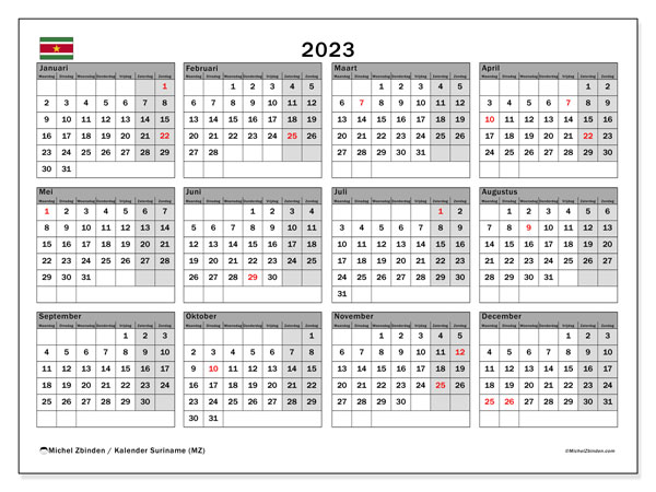 Kalender 2023, Suriname. Gratis afdrukbaar programma.