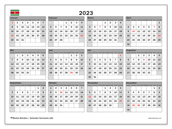 Kalender “Suriname (ZZ)” om af te drukken, met feestdagen. Jaarkalender 2023 et gratis printbare schema