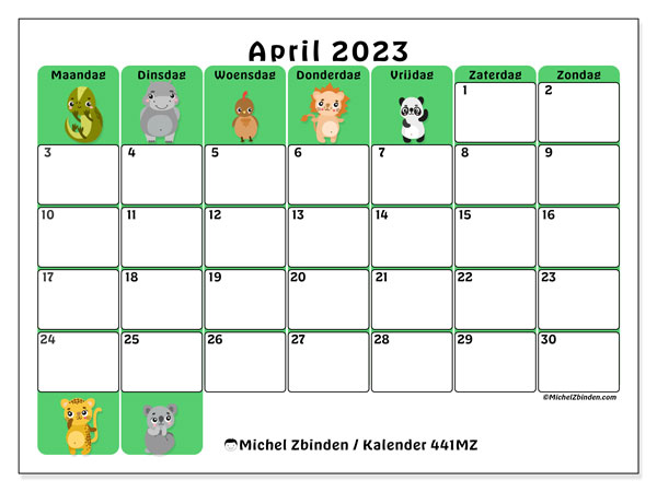 Kalender april 2023 om af te drukken. Maandkalender “441MZ” en schema om gratis af te drukken