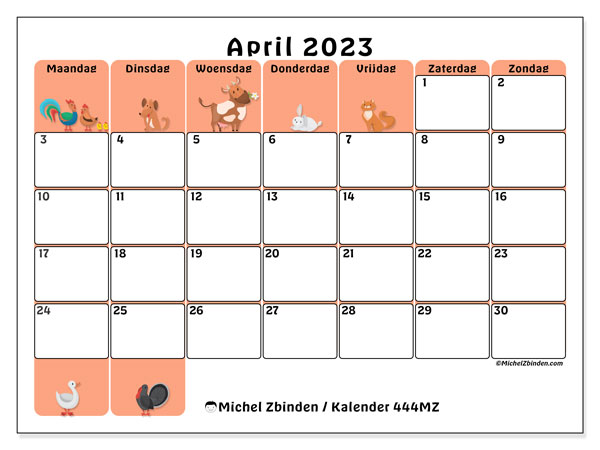 Kalender april 2023 om af te drukken. Maandkalender “444MZ” en gratis afdrukbare schema
