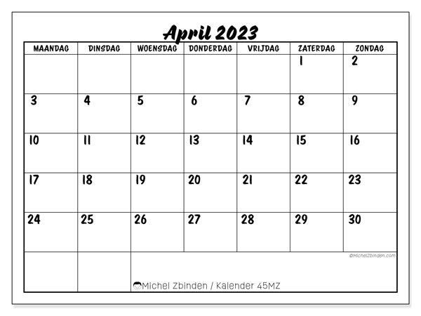 Kalender april 2023 om af te drukken. Maandkalender “45MZ” en gratis afdrukbare planning