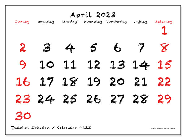 Kalender om af te drukken, april 2023, 46ZZ