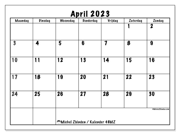 Kalender april 2023, 48MZ. Gratis printbare kalender.