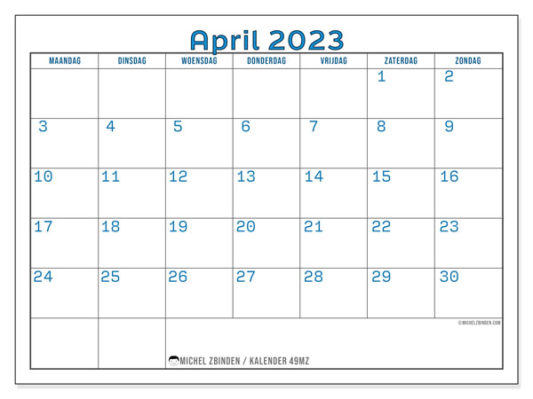 49MZ, kalender april 2023, om af te drukken, gratis.