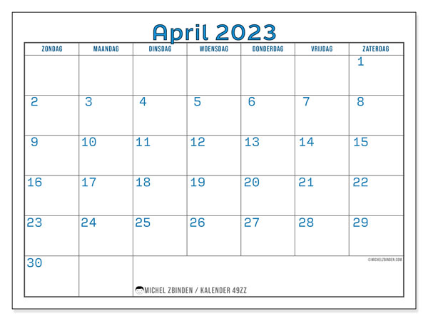 Kalender om af te drukken, april 2023, 49ZZ