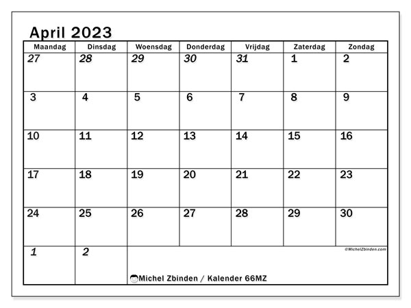 Kalender april 2023 om af te drukken. Maandkalender “501MZ” en schema om gratis af te drukken