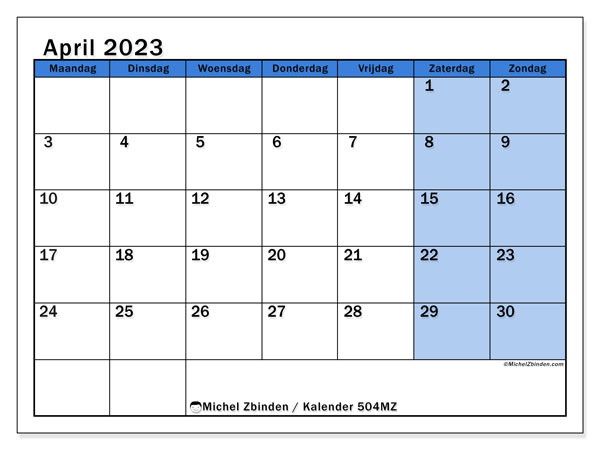 Kalender april 2023 om af te drukken. Maandkalender “504MZ” en gratis printbare schema