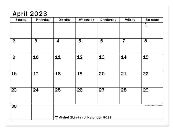 Kalender om af te drukken, april 2023, 50ZZ