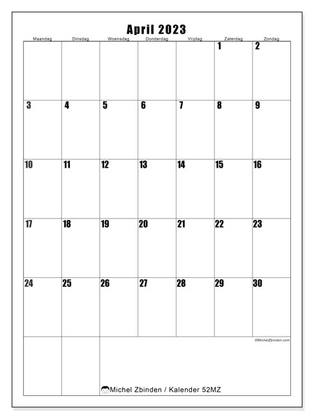 Kalender april 2023 om af te drukken. Maandkalender “52MZ” en agenda om gratis af te drukken