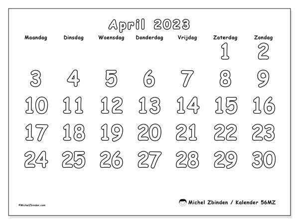 Kalender april 2023, 56MZ. Gratis printbare kalender.