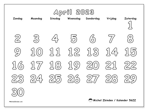 Kalender april 2023 om af te drukken. Maandkalender “56ZZ” en gratis afdrukbare schema