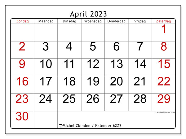Kalender om af te drukken, april 2023, 62ZZ