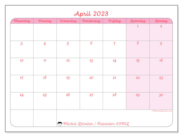 Kalender om af te drukken, april 2023, 63MZ