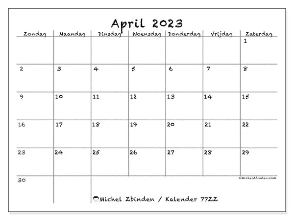 Kalender om af te drukken, april 2023, 77ZZ