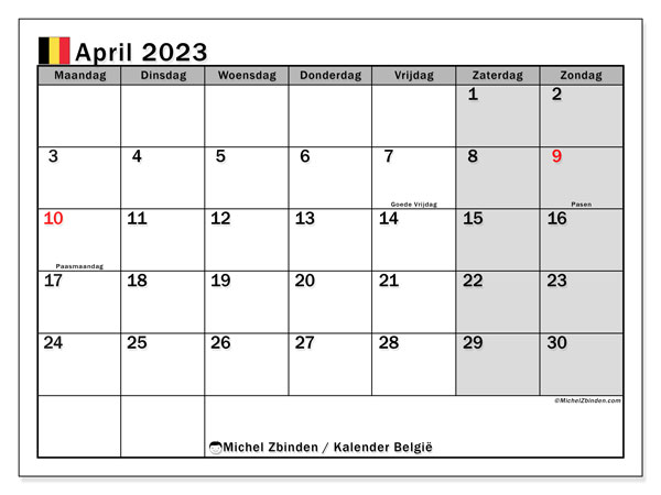 Calendrier avril 2023, Belgique (NL), prêt à imprimer et gratuit.