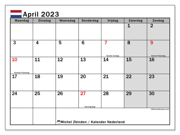 Calendrier avril 2023, Pays-Bas (NL), prêt à imprimer et gratuit.