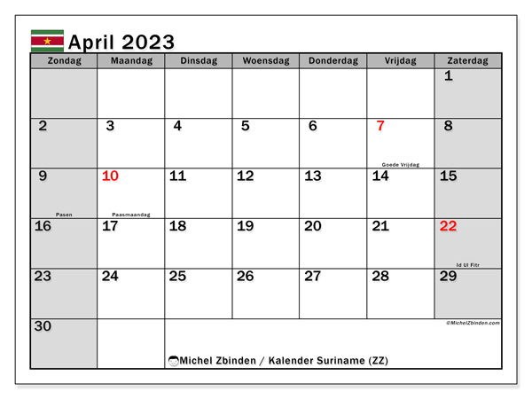 Suriname (ZZ), kalender april 2023, om af te drukken, gratis.