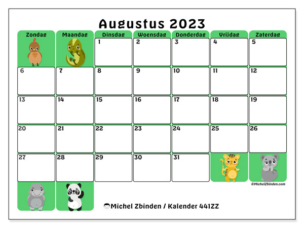 Kalender augustus 2023, 441ZZ. Gratis afdrukbaar programma.