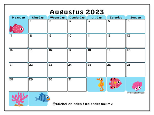 Kalender augustus 2023, 442MZ. Gratis afdrukbaar programma.