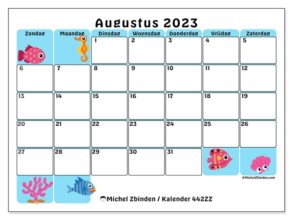 Kalender augustus 2023, 442ZZ. Gratis afdrukbaar programma.