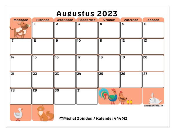 Kalender augustus 2023 “444”. Gratis afdrukbaar programma.. Maandag tot zondag