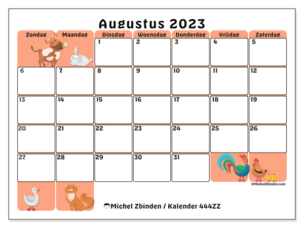 Kalender augustus 2023 “444”. Gratis afdrukbaar programma.. Zondag tot zaterdag