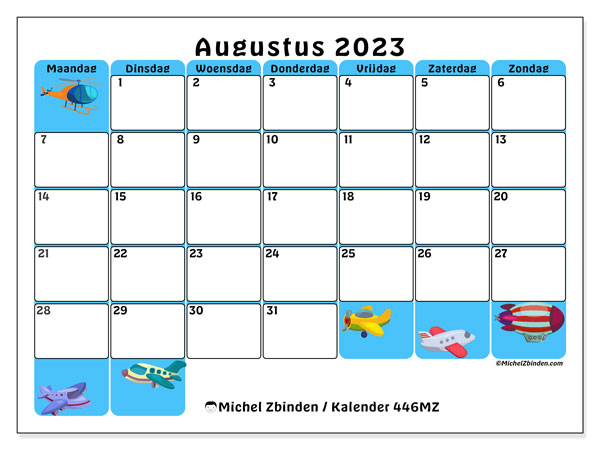 Kalender augustus 2023, 446MZ. Gratis afdrukbaar programma.