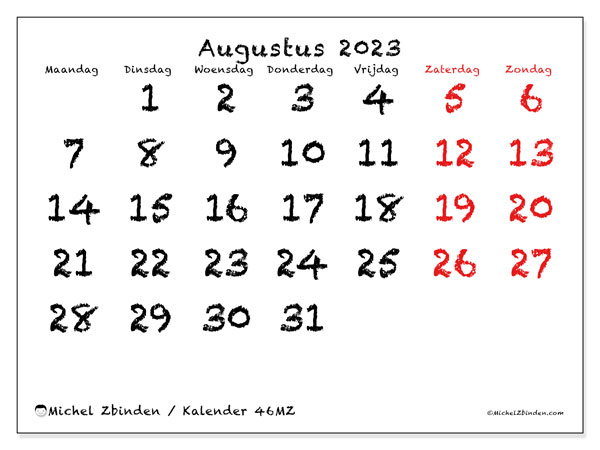 Kalender augustus 2023, 46MZ. Gratis afdrukbaar programma.