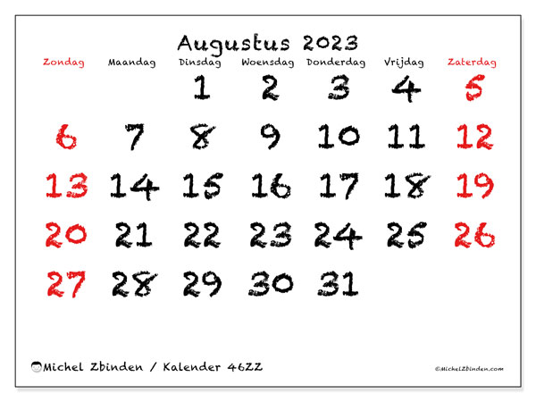 Kalender augustus 2023 om af te drukken. Maandkalender “46ZZ” en gratis afdrukbare schema