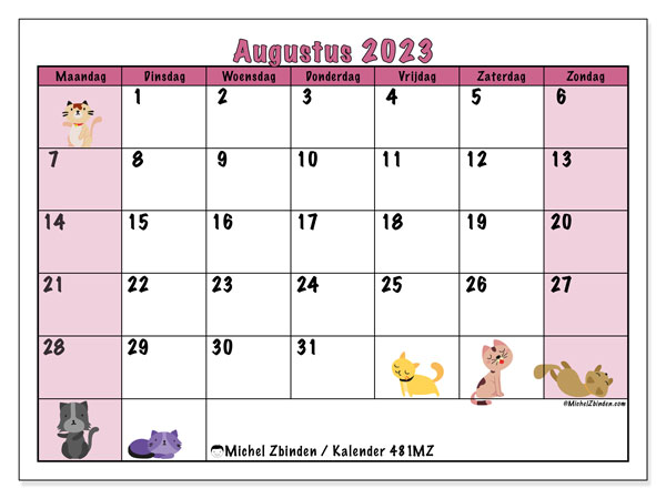 Kalender augustus 2023 “481”. Gratis afdrukbare kalender.. Maandag tot zondag