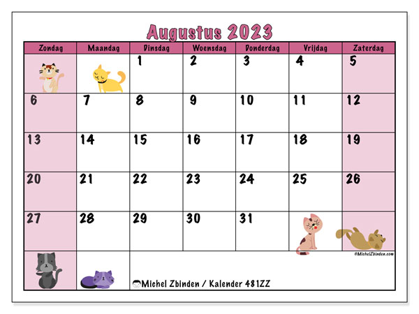 Kalender augustus 2023 “481”. Gratis afdrukbare kalender.. Zondag tot zaterdag