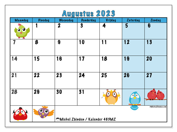 Kalender om af te drukken, augustus 2023, 483MZ