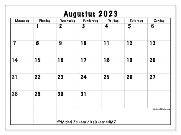 Kalender augustus 2023, 48MZ. Gratis afdrukbaar programma.