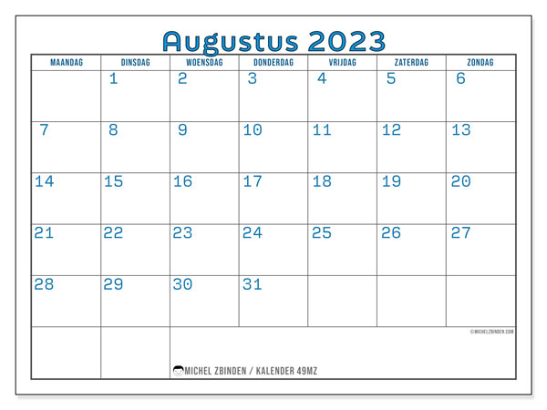 Kalender om af te drukken, augustus 2023, 49MZ