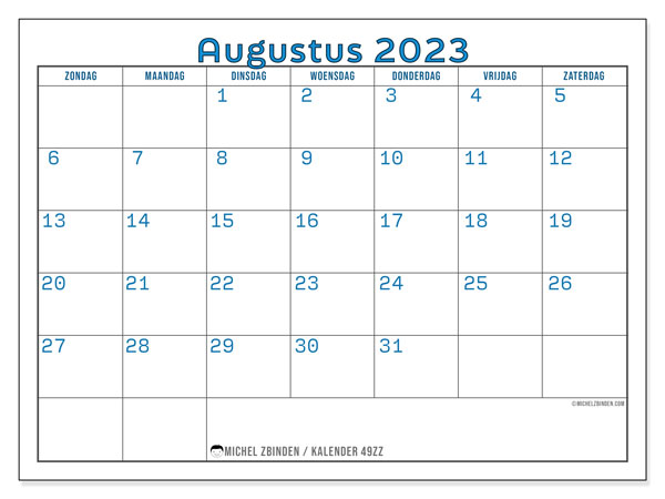 Kalender augustus 2023, 49ZZ. Gratis afdrukbaar programma.