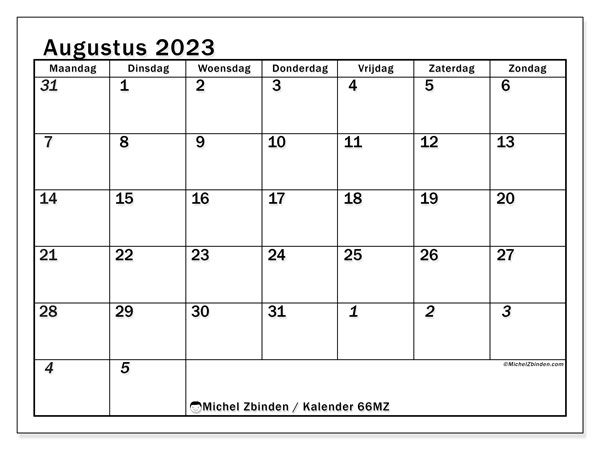 Kalender augustus 2023, 501MZ. Gratis afdrukbaar programma.