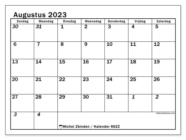 Kalender augustus 2023, 501ZZ. Gratis afdrukbaar programma.